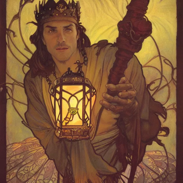 Prompt: an aesthetic! a detailed portrait of a man with a crown, holding a lantern by frank frazetta and alphonse mucha, oil on canvas, art nouveau dungeons and dragons fantasy art, hd, god rays, ray tracing, crisp contour lines, huhd