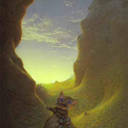 Prompt: A cat soldier searching for secret shelter in the green moonlit desert, surrealism, by Tyler Edlin and Jean Delville,