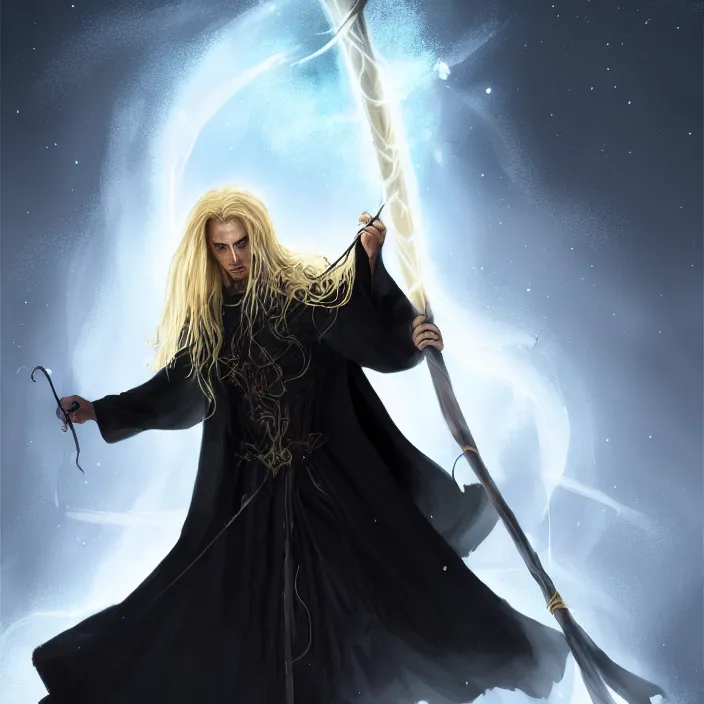 Image similar to Young, handsome wizard with a blonde ponytail wearing exquisite black robes, a spider cloak and wielding a legendary staff of light. Magic, bright lighting, flux. High fantasy, digital painting, HD, 4k, detailed.