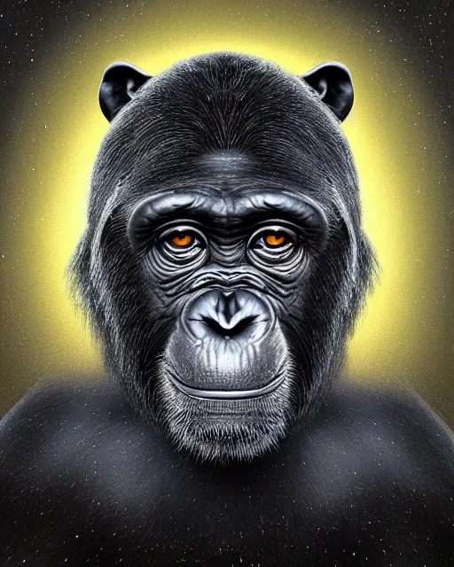 Image similar to very detailed high resolution illustration portrait of a chimpanzee head wearing a helmet, backlit, night covered in stars, surrounded, 3 d, 8 k, extremely detailed, artstation, award winning