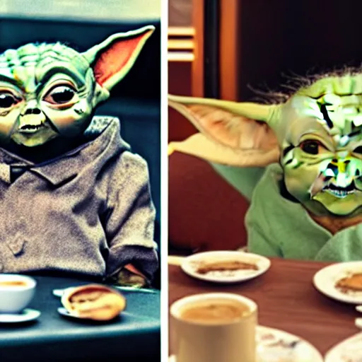 Prompt: Baby Yoda sitting in a cafe with Chucky, both can be seen drinking coffee