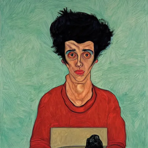 Prompt: a wide angle fine art painting of man with black hair using a weed grinder, rolling papers and a table lamp, high contrast, inspired by the styles of wes anderson, and egon schiele and ( edward hopper ), toned orange and pastel pink