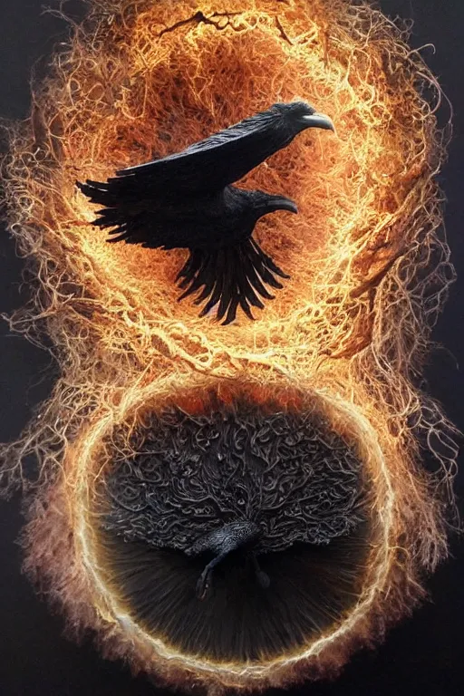 Prompt: Intricate stunning highly detailed raven by agostino arrivabene and Vladimir Kush, metal sculpture, ultra realistic, Horror, dramatic lighting, full moon, blood moon, thick black swirling smoke, volcanic smoke plume, burning fire embers