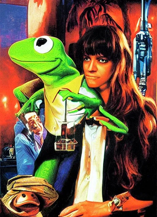 Image similar to poster artwork by Drew Struzan, Drew Struzan of portrait of Kermit the Frog, from scene from Pulp Fiction