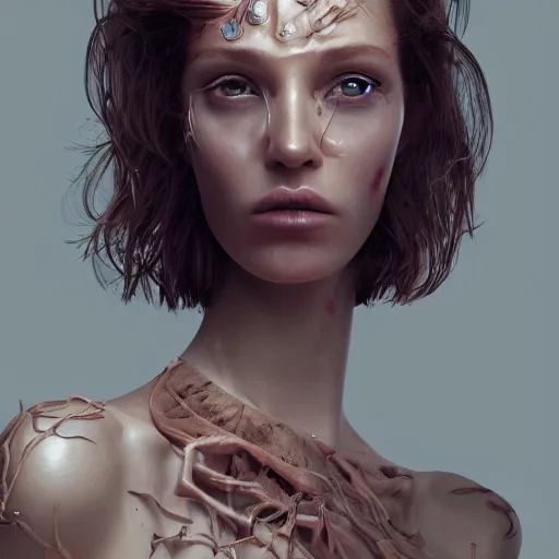 Prompt: Glamorous Runway Model with Ocular Implants, long fan blown dark reddish hair, tight bone structure, olive skin, intricate, elegant, highly detailed, octane render, photorealistic, smooth, depth of field blur, illustration, art James Jean and Kim Keever