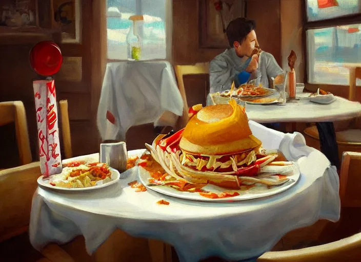 Prompt: a painting of mr krabs eating at a restaurant, highly detailed, photorealistic, trending on artstation, cgsociety, sharp focus