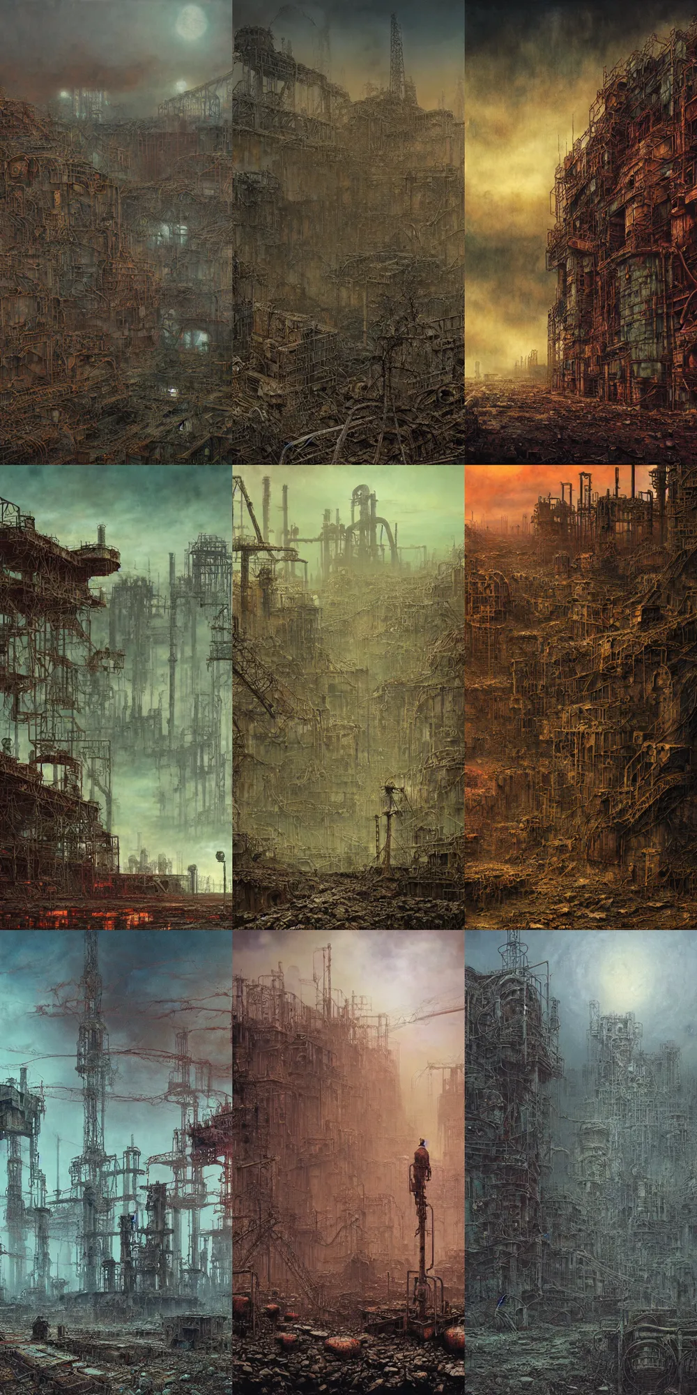 Prompt: industrial devastation, colorful steampunk ruins, abandoned factories oil field post - apocalyptic dusk irradiated contaminated stalker chernobyl, oil painting beksinski, sci - fi wallpaper digital art