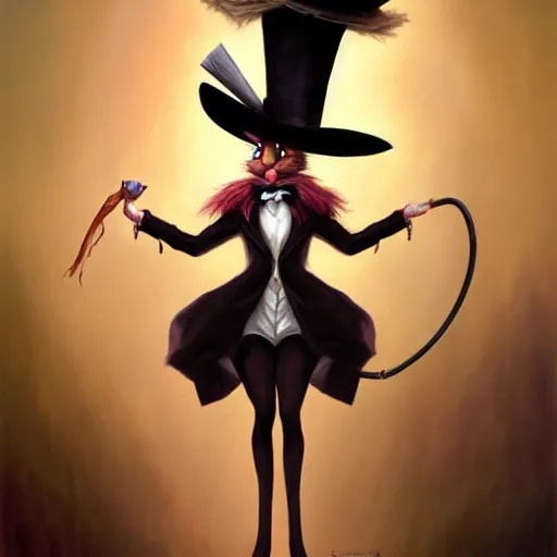 Image similar to oil painting of an anthropomorphic rabbit dressed like a female magician with long ears, holding a top hat and a magic wand, urban fantasy art by seb mckinnon, artstation npc character design, top - rated