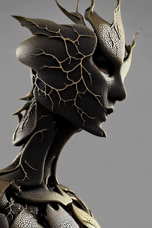 Image similar to bw close - up profile face, black background, beautiful young porcelain vegetal - dragon - cyborg - female, 1 5 0 mm, beautiful natural soft rim light, silver gold details, magnolia leaves and stems, roots, mandelbot fractal, elegant, hyper real, ultra detailed, white metallic armour, octane render, 1 6 k