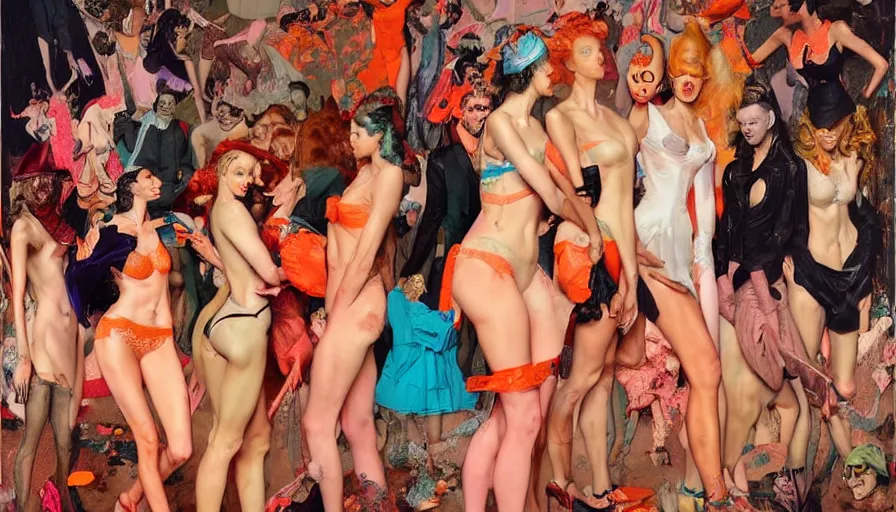 Prompt: victoria secret runway show by francis bacon and norman rockwell and james jean, surreal, greg hildebrandt, and mark brooks, triadic color scheme, by greg rutkowski, syd mead and edward hopper and norman rockwell and beksinski, lingerie, dark surrealism, orange and turquoise