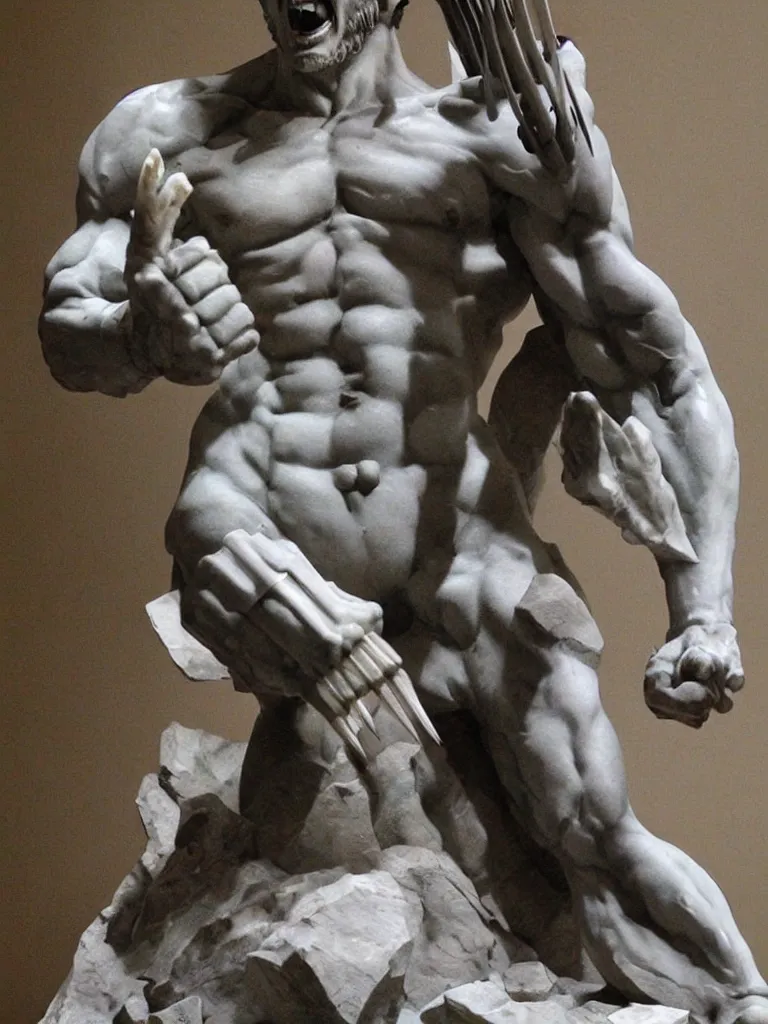 Image similar to a marble statue of wolverine by Michaelangelo