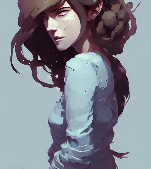 Image similar to portrait of a female alchemist, disheveled hair, by atey ghailan, by greg rutkowski, by greg tocchini, by james gilleard, by joe fenton, by kaethe butcher, dynamic lighting, gradient light blue, brown, blonde cream and white color scheme, grunge aesthetic