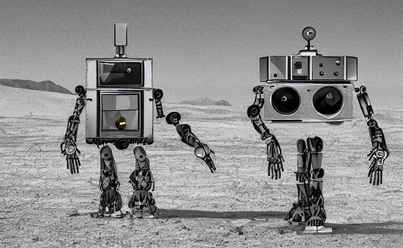 Image similar to a robot made out of vintage televisions, walking through the desert, desperate looking for water, digital art