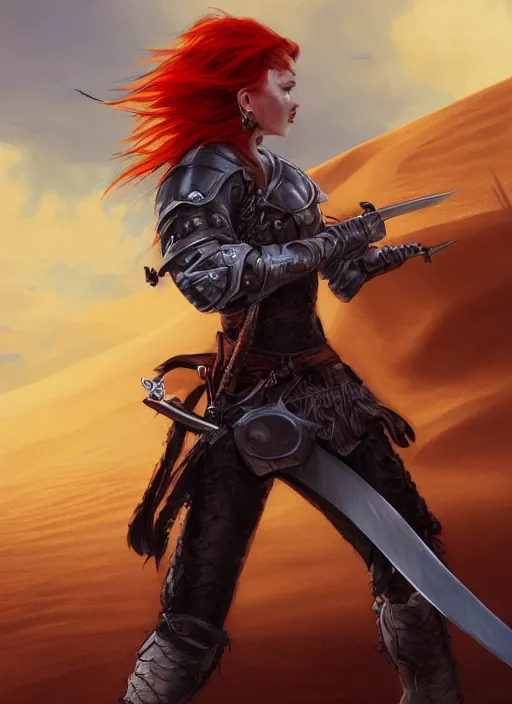 Image similar to Redhead female fighter with katana in desert, fantasy, medieval, vivid colors, fantasy, elegant, concept art, sharp focus, beautiful face, digital art, Hyper-realistic, 4K, Unreal Engine, Highly Detailed, HD, Dramatic Lighting by Brom, trending on Artstation