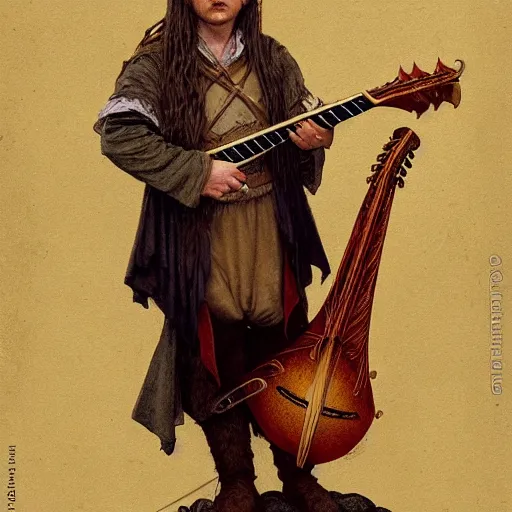 Image similar to half length portrait of billie ellish as a hobbit bard playing the mandolin, d & d, medieval, fantasy, giger, royo, klimt, miro, vallejo, frazetta, alphonse mucha, greg rutkowski, whealan