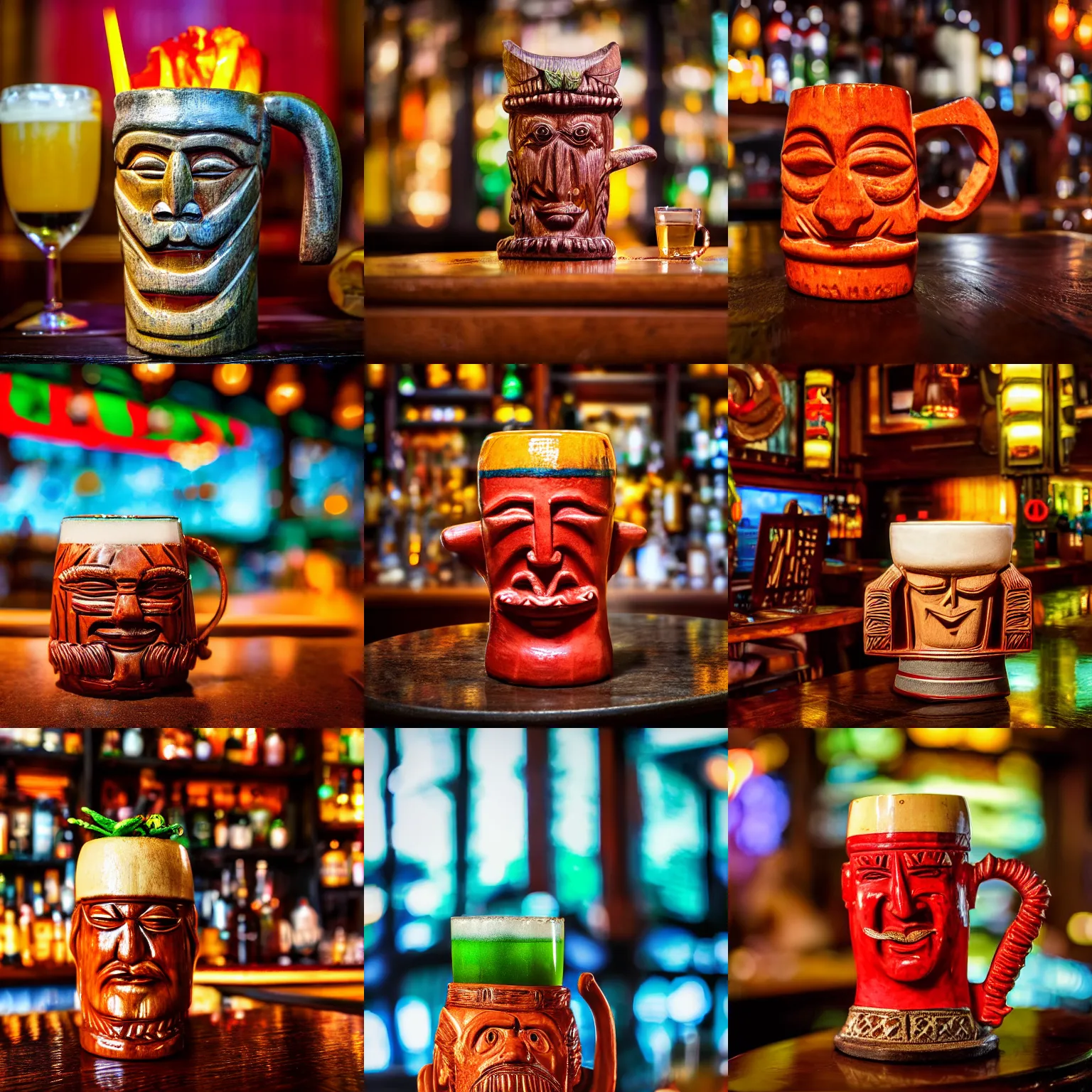 Prompt: a closeup photorealistic photograph of a enzo ferarri style tiki mug sitting at a trader vic's bar. tiki theme. bright scene. fine detail. this 4 k hd image is trending on artstation, featured on behance, well - rendered, extra crisp, features intricate detail, epic composition and the style of unreal engine.