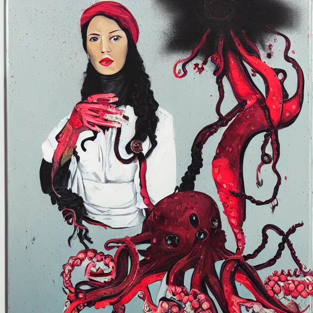 Image similar to empty room with black walls, a portrait of a female pathologist holding an octopus, wilted flowers, pomegranate, berry juice dripping, neo - expressionism, surrealism, acrylic and spray paint and oilstick on canvas