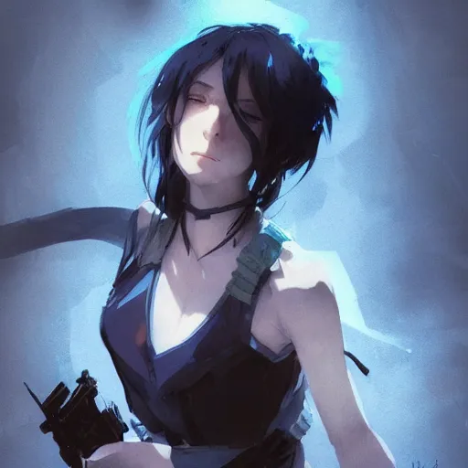 Image similar to realistic portrait of Sinon from sword art online, short blue hair, dramatic lighting, illustration by Greg rutkowski, yoji shinkawa, 4k, digital art, concept art, trending on artstation