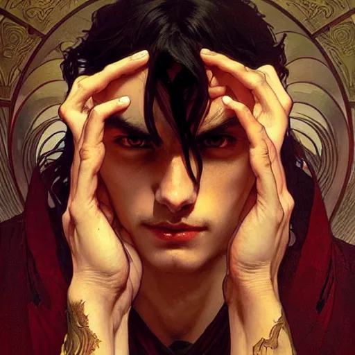 Image similar to attractive twenty first century male vampires beautiful eyes. highly detailed painting by artgerm and greg rutkowski and alphonse mucha 8 k