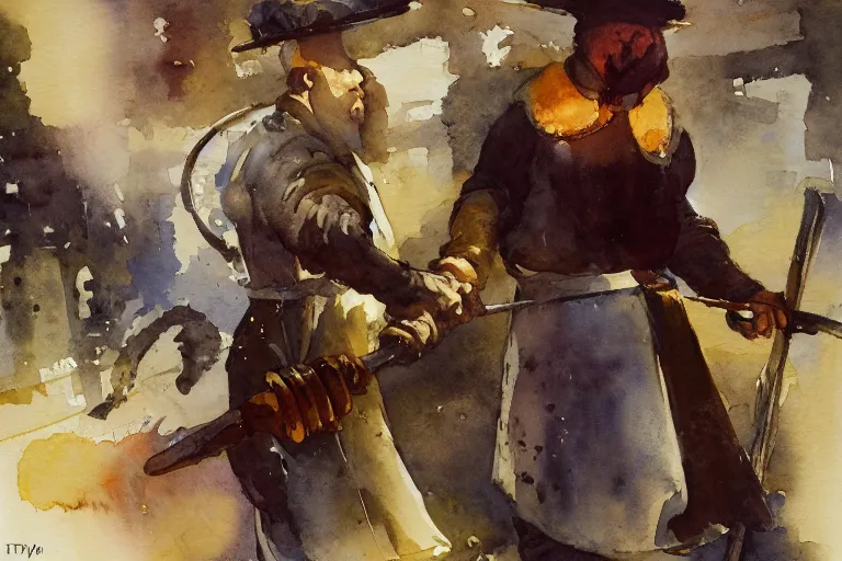 Prompt: centered on watercolor paper, paint brush strokes, smudged abstract watercolor painting of medieval blacksmith with apron, anvil, hammer, glow, cinematic light, national romanticism by hans dahl, by jesper ejsing, by anders zorn, by greg rutkowski, by greg manchess, by tyler edlin