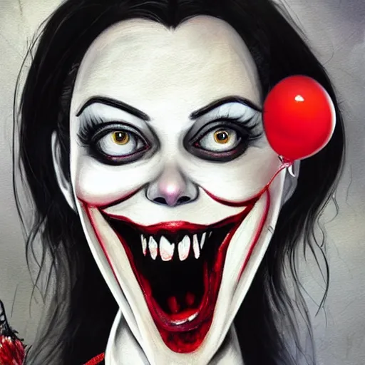 Image similar to grunge cartoon painting of margot robbie with a wide smile and a red balloon by chris leib, loony toons style, pennywise style, corpse bride style, horror theme, detailed, elegant, intricate