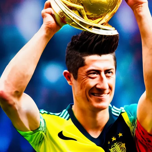 Image similar to portrait of Robert Lewandowski holding World Cup trophy, 4k, hq, high details, natural light, perfect quality, professional photography, award winning photo