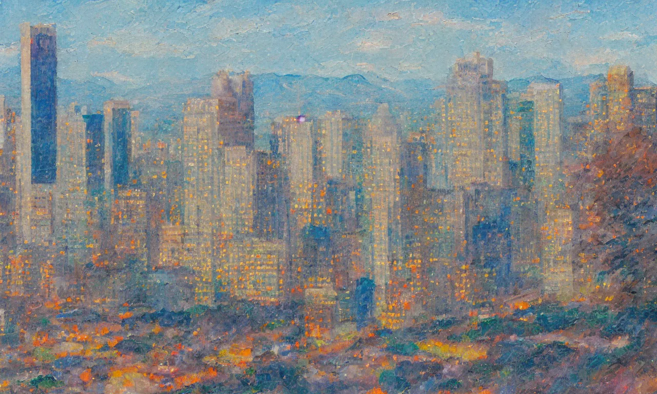 Prompt: downtown salt lake city, in the style of minerva teichert, oil on canvas, impasto, visible brushstrokes, watercolor, 8 k scan