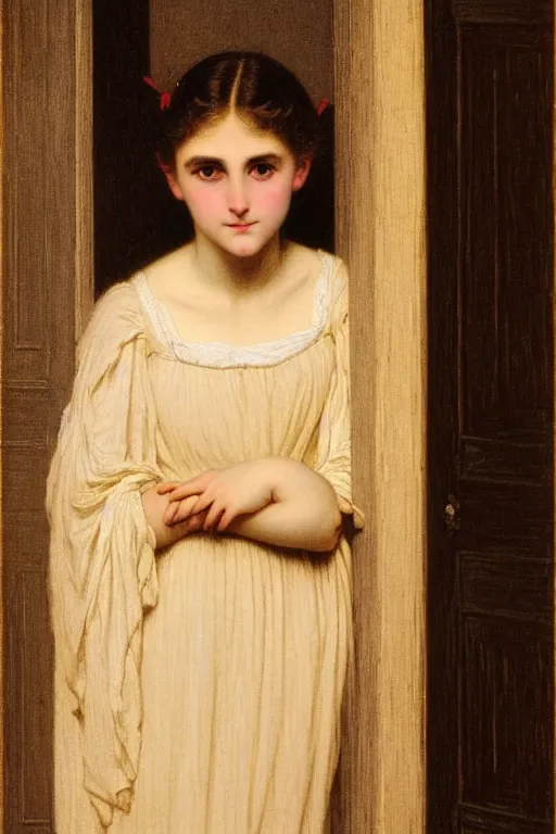 Image similar to girl leaning in doorway under moonlight by auguste toulmouche and bouguereau, dark lighting, perfectly detailed eyes, beautiful hands, pale skin, blonde hair, dreamy mood