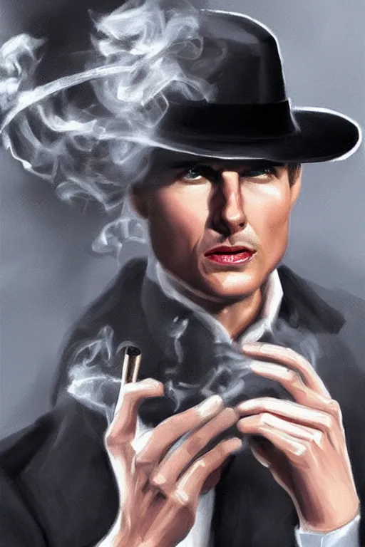 Prompt: tom cruise wearing a fedora hat as a noir detective, smoking a cigarette, trending on artstation, digital art