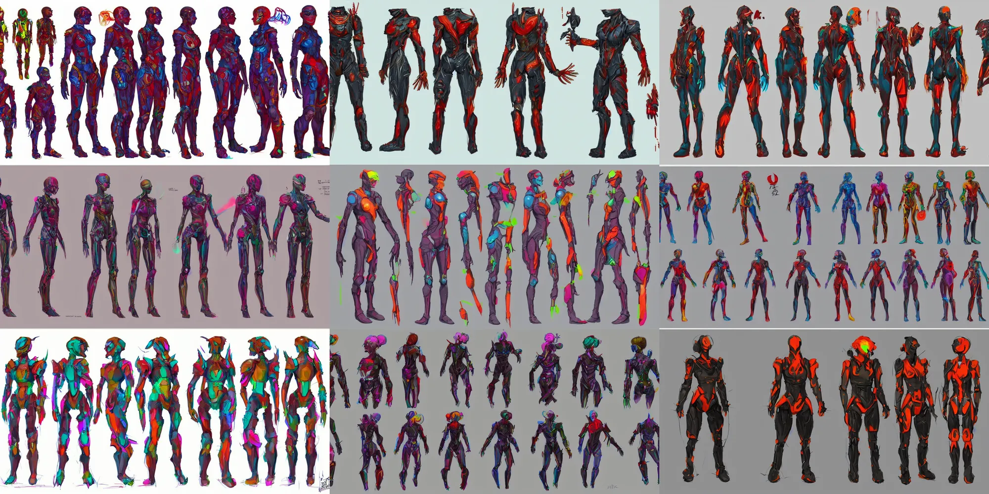 Prompt: colourful!!!!!!!!! character concept art : : character design sheet : : character model sheet : : augmented limbs, exoskeleton, artstation