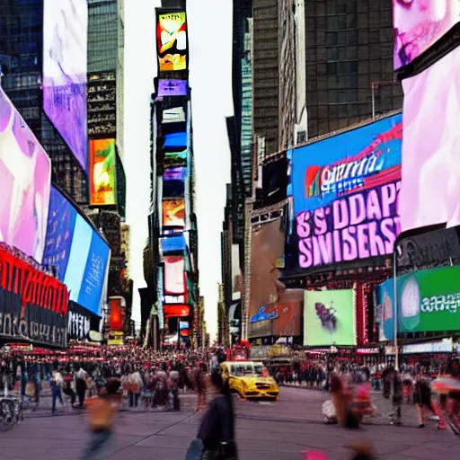 Image similar to adam and eve in times square with a snake overhead