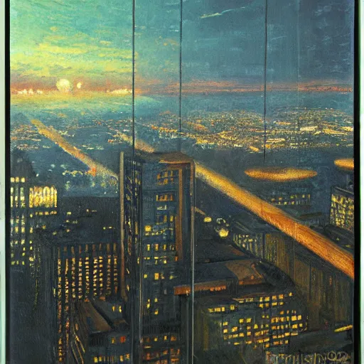 Prompt: impressionistic full - color painting of a distorted mirror reflecting a nightmarish balcony view of boston downtown skyline in 1 9 2 5 at night with a horrifying sky, aerial view, dark, brooding, night, atmospheric, horror, cosmic, ultra - realistic, smooth, highly detailed by dave dorman