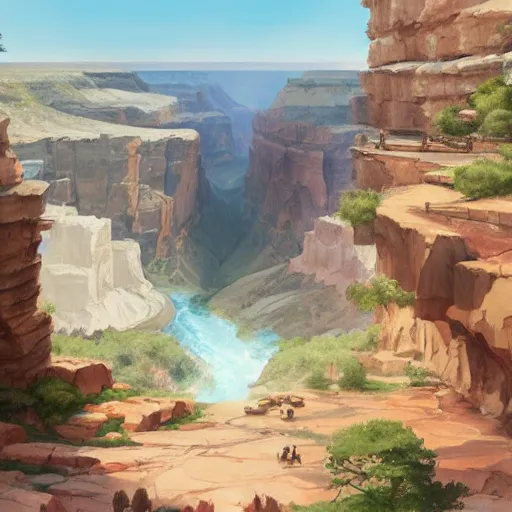 Image similar to concept art painting of a grand canyon filled with water, giant river, with stone bridge under construction realistic, detailed, cel shaded, in the style of makoto shinkai and greg rutkowski and james gurney