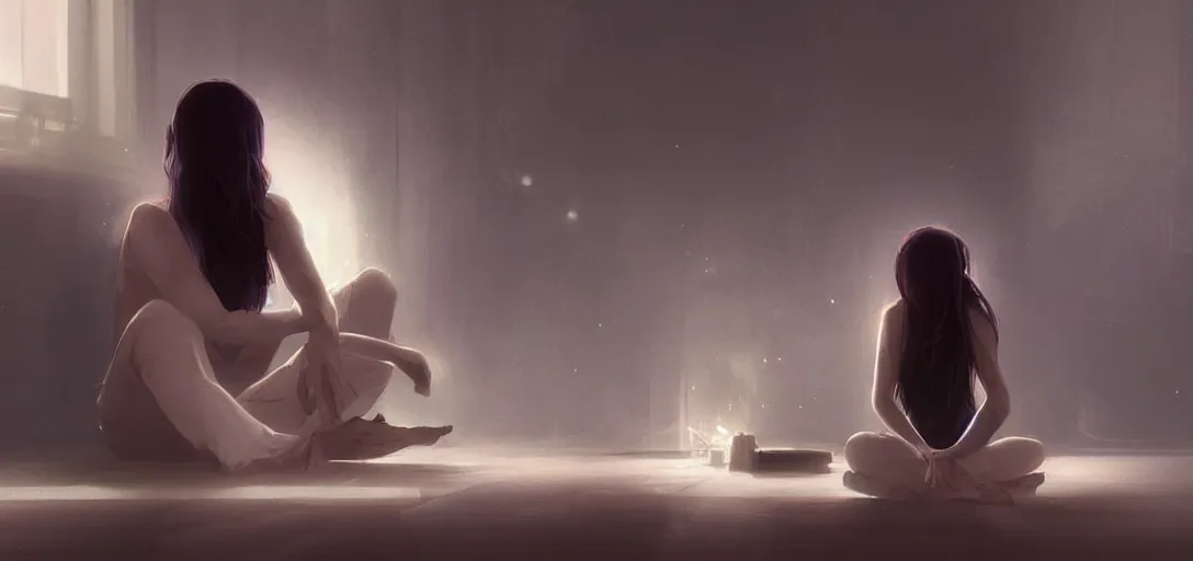 Prompt: Young Himalayan woman sitting concerned in an empty room with loneliness using psychic powers to make a lighter float| night time scene, plain walls |somber white eyes, long ashy hair | gentle lighting, futuristic, dim lighting, digital art by Makoto Shinkai ilya kuvshinov and Wojtek Fus, digital art, concept art,