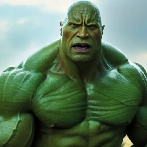 Image similar to dwayne johnson as incredible hulk, marvel cinematic universe, mcu, 8 k, raw, unedited, green skin, in - frame,