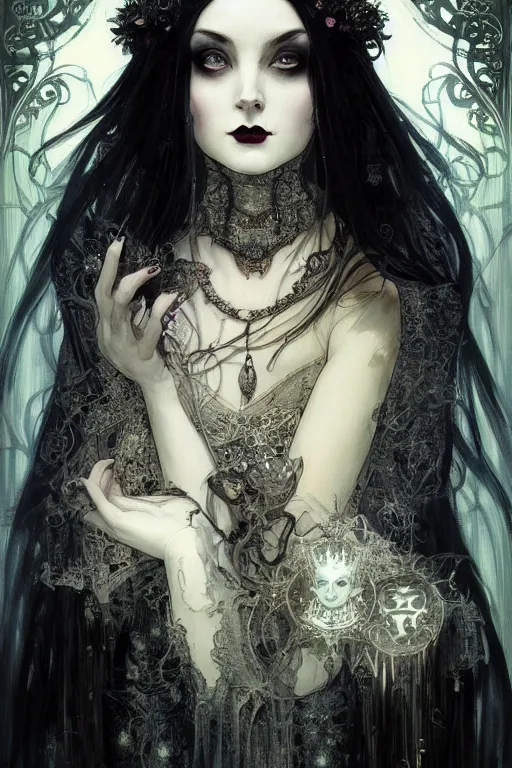 Image similar to beautiful gothic and victorian and luxury and evil young medieval dark crown princess portrait like +smoky eyes+front face with light flowing hair, ultradetail face, art and illustration by craig mullins and tian zi and alphonse mucha and miqi, fantasy, intricate complexity, human structure, hypermaximalist, fantasy character concept, dynamic lighting, neon light, ssci-fi, watermark, blurry, hyperrealism 8k