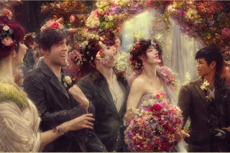 Image similar to the groom look at the bride at a wedding full of flowers, bright and happy, dreamlike art, highly detail, 4 k realistic, wedding photoy krenz cushart, artem demura, yoji shinkawa artgerm, jon lothian, danilo torres. adi meyers. thomas reimann. gaston bussiere.