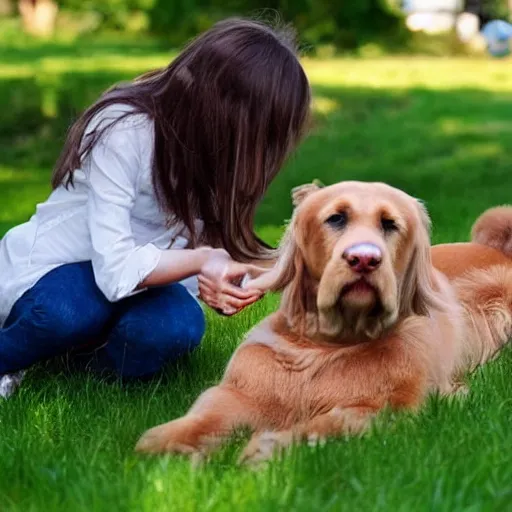 Prompt: a beautiful girl playing with you her giant dog