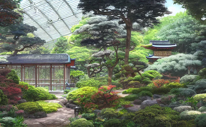 Image similar to japanese garden, forest, greenhouse, sunny bay window, indoor, highly detailed, digital painting, artstation, concept art, sharp focus, illustration