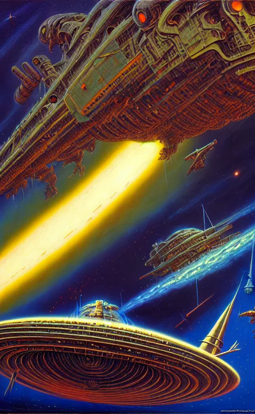 Prompt: alien battleship flying towards cosmic horror, dirty colours, rusty shapes, biotechnology, tim hildebrandt, wayne barlowe, bruce pennington, donato giancola, larry elmore, oil on canvas, masterpiece, trending on artstation, featured on pixiv, cinematic composition, hyper - detailed, hd, hdr, 4 k, 8 k