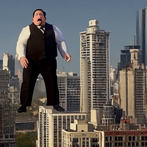 Prompt: clean-shaven Jon Favreau as Happy Hogan wearing a black suit and black necktie holding onto a bunch of helium balloons as he floats high above a city with a frightened expression on his face