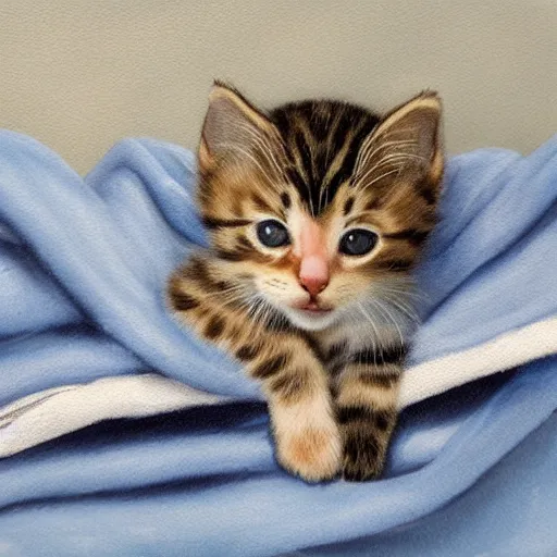 Image similar to painting of a cute kitten laying under a blanket