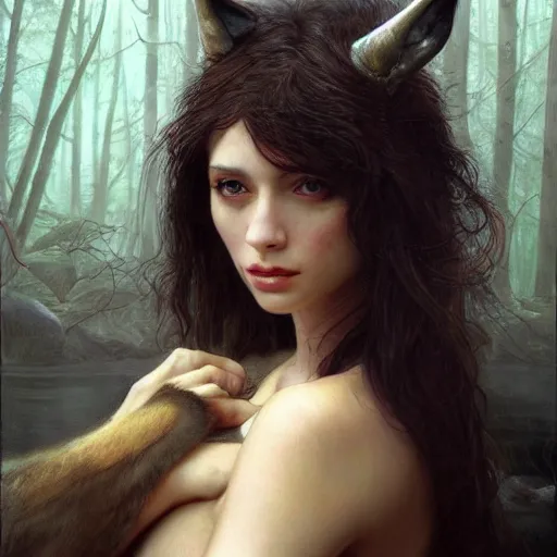 Prompt: of a beautiful brunette women with a wolf, intricate skin, fur, silicone cover, elegant, peaceful, full body, horns, hyper realistic, extremely detailed, dnd character art portrait, fantasy art, intricate fantasy painting, dramatic lighting, vivid colors, deviant art, artstation, by edgar maxence and caravaggio and michael whelan and delacroix