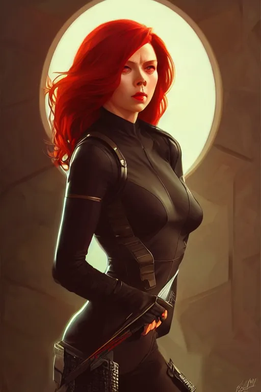 Image similar to Natasha Romanoff, fantasy, portrait, sharp focus, intricate, elegant, digital painting, artstation, matte, highly detailed, concept art, illustration, ambient lighting, art by ilya kuvshinov, artgerm, Alphonse mucha, and Greg Rutkowski