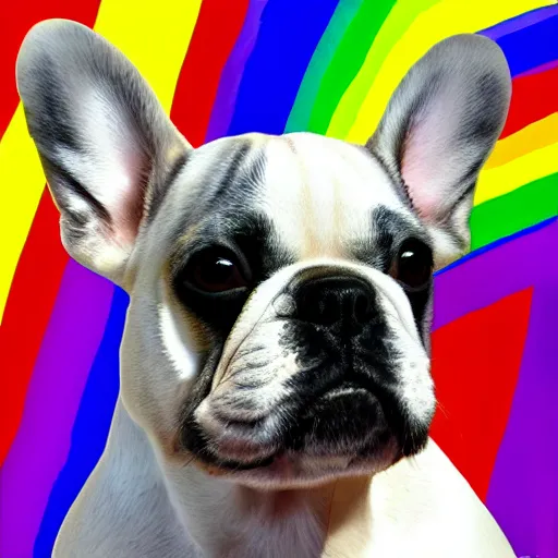 Image similar to rainbow excited smiling french bulldog puppy. pop art.