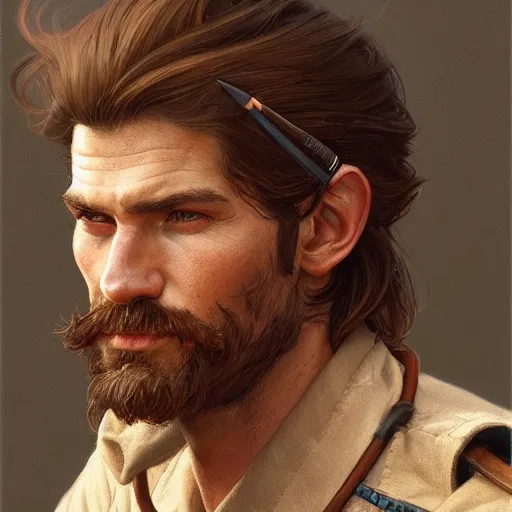 Image similar to portrait of a young, ruggedly handsome scout, soft hair, muscular, half body, leather, hairy, d & d, fantasy, intricate, elegant, highly detailed, digital painting, artstation, concept art, smooth, sharp focus, illustration, art by artgerm and greg rutkowski and alphonse mucha