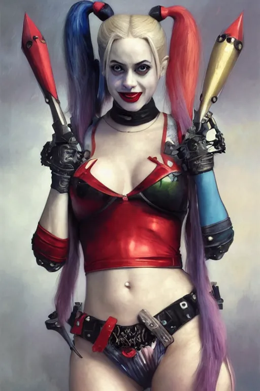Image similar to a portrait of Harley Quinn in bikini armor, Warhammer 40000, cyberpunk, intricate, elegant, highly detailed, digital painting, trending on artstation, concept art, smooth, sharp focus, illustration, art by Ruan Jia and Mandy Jurgens and Artgerm and william-adolphe bouguereau and greg rutkowski and alphonse mucha
