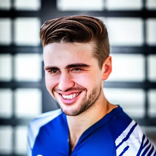 Image similar to a photographic portrait of a young Caucasian man smiling with short brown hair that sticks up in the front, blue eyes, groomed eyebrows, tapered hairline, sharp jawline, wearing a volleyball jersey, sigma 85mm f/1.4, 15mm, 35mm, 4k, high resolution, 4k, 8k, hd, full color