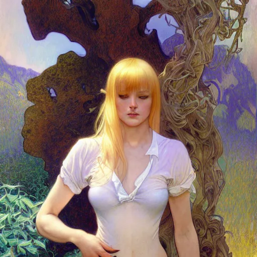 Image similar to A young woman with blonde long hair and bangs in shorts and white shirt drawn by Donato Giancola and Julie Bell, frank frazetta, alphonse mucha, background by James Jean and gustav klimt, 4k, volumetric lighting, french nouveau, trending on artstation, octane render, hyperrealistic