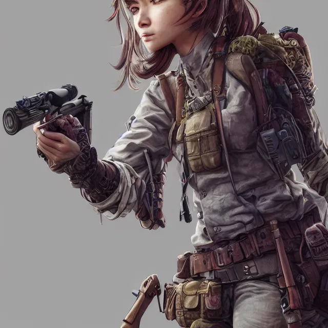 Image similar to the portrait of lawful neutral semi - colorful female infantry sniper as absurdly beautiful, gorgeous, elegant, young woman looking up, an ultrafine hyperdetailed illustration by kim jung gi, irakli nadar, intricate linework, bright colors, octopath traveler, final fantasy, unreal engine 5 highly rendered, global illumination, radiant light, detailed and intricate environment